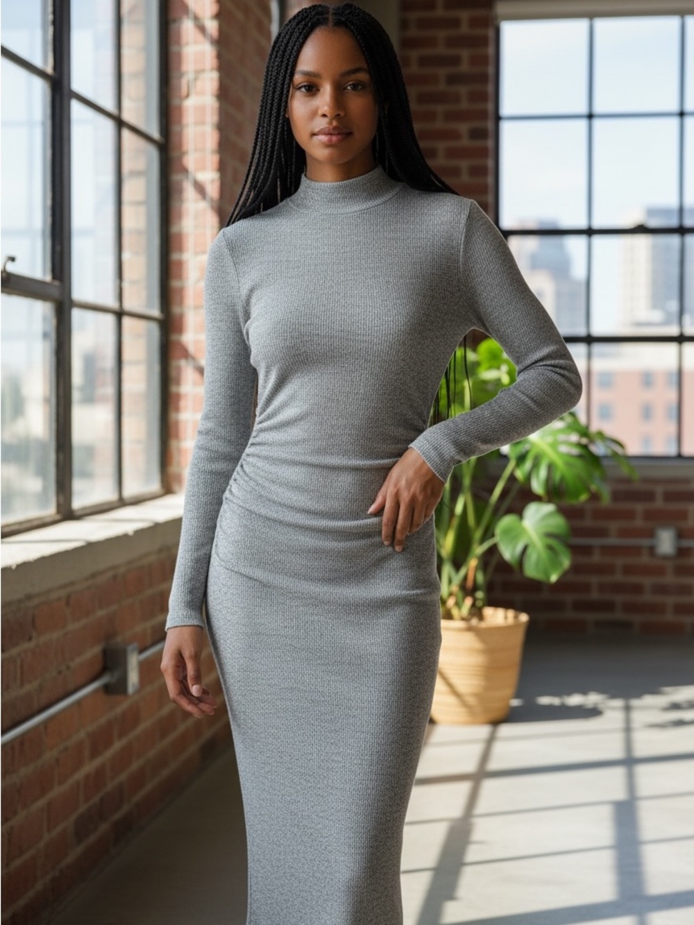 Zara Slim Ribbed Long-Sleeve Mock Neck Dress in Light Gray